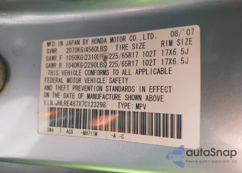 2007 Honda Cr-V Ex-L z USA, uszkodzony, nr VIN JHLRE487X7C123298